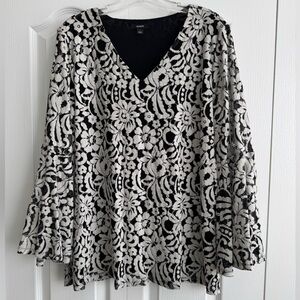 Alfani Black and Ivory Floral Lace V-Neck Tunic Top Size L